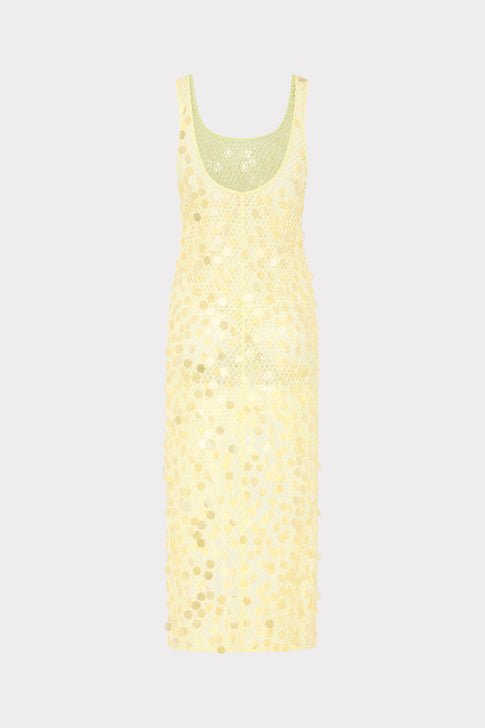 Light yellow sequin crochet cover-up dress on a white background