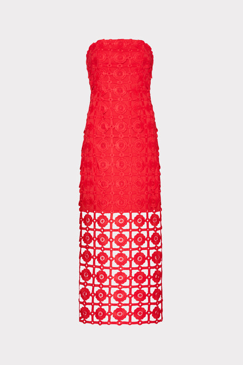 Red lace strapless dress on a white background