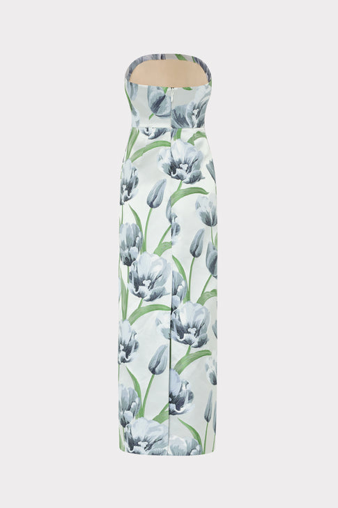 Floral strapless dress with tulip pattern on a light background